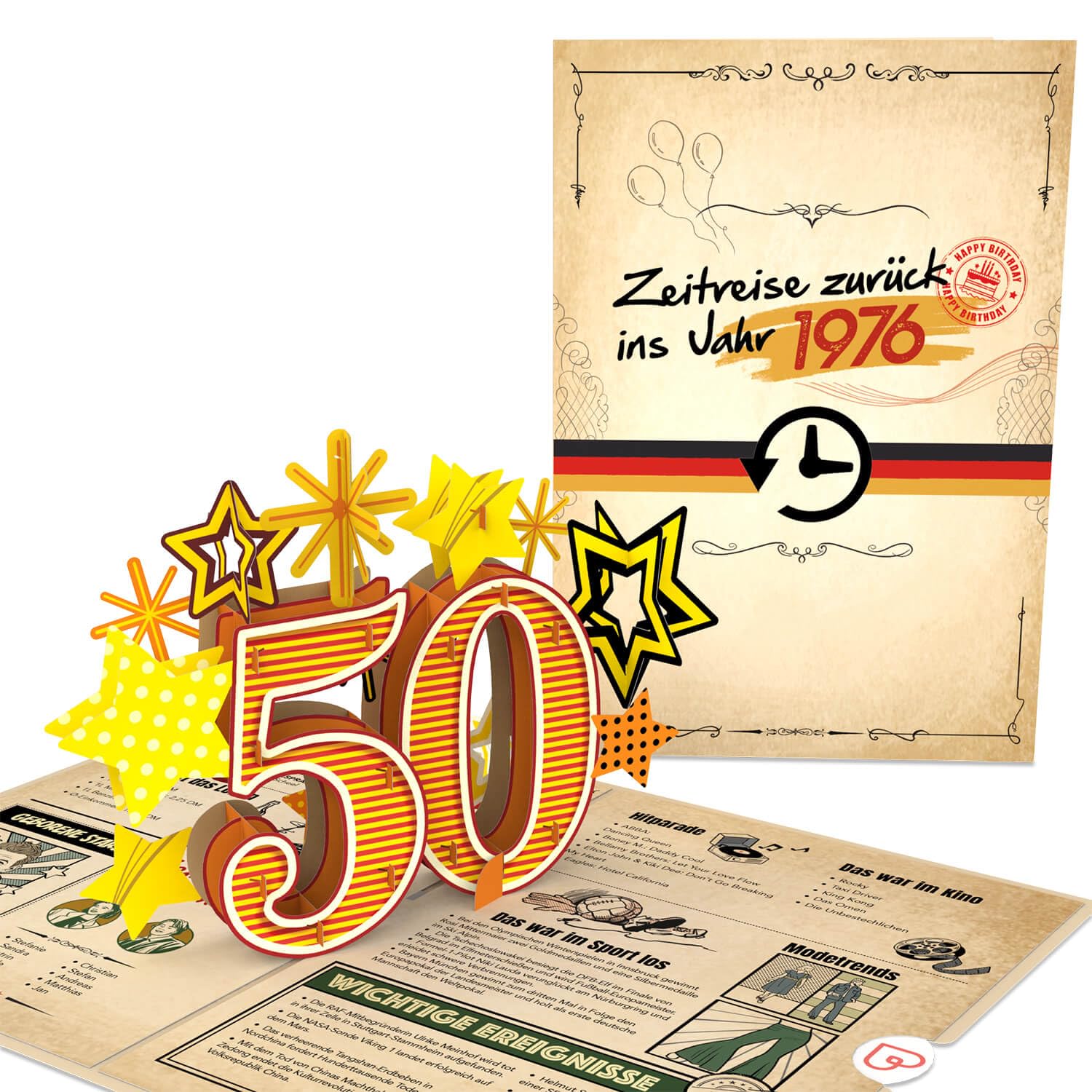 papercrush® Pop-Up Karte „Zurück ins Jahr 1976“ - Lustige 3D Geburtstagskarte zum 50. Geburtstag für Frau & Mann - Besondere Glückwunschkarte 50 Jahre mit lustigen Fakten zum Jahrgang