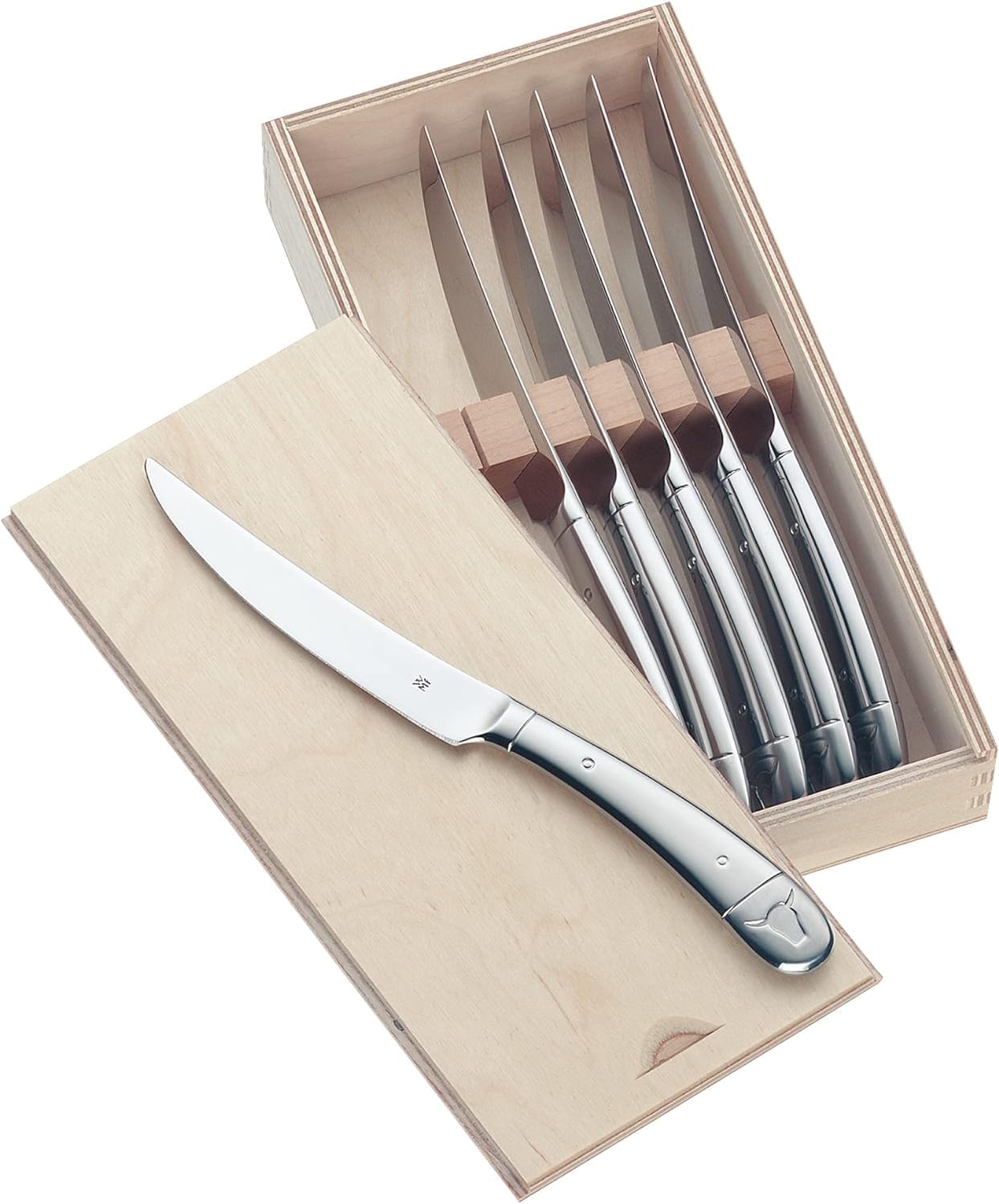 WMF Verona Besteck Set 12 Personen, 60-teilig, Monobloc-Messer & Steakmesser Set 6-teilig, Pizzamesser, Cromargan Edelstahl poliert, Wellenschliff, spülmaschinengeeignet, in Holzbox