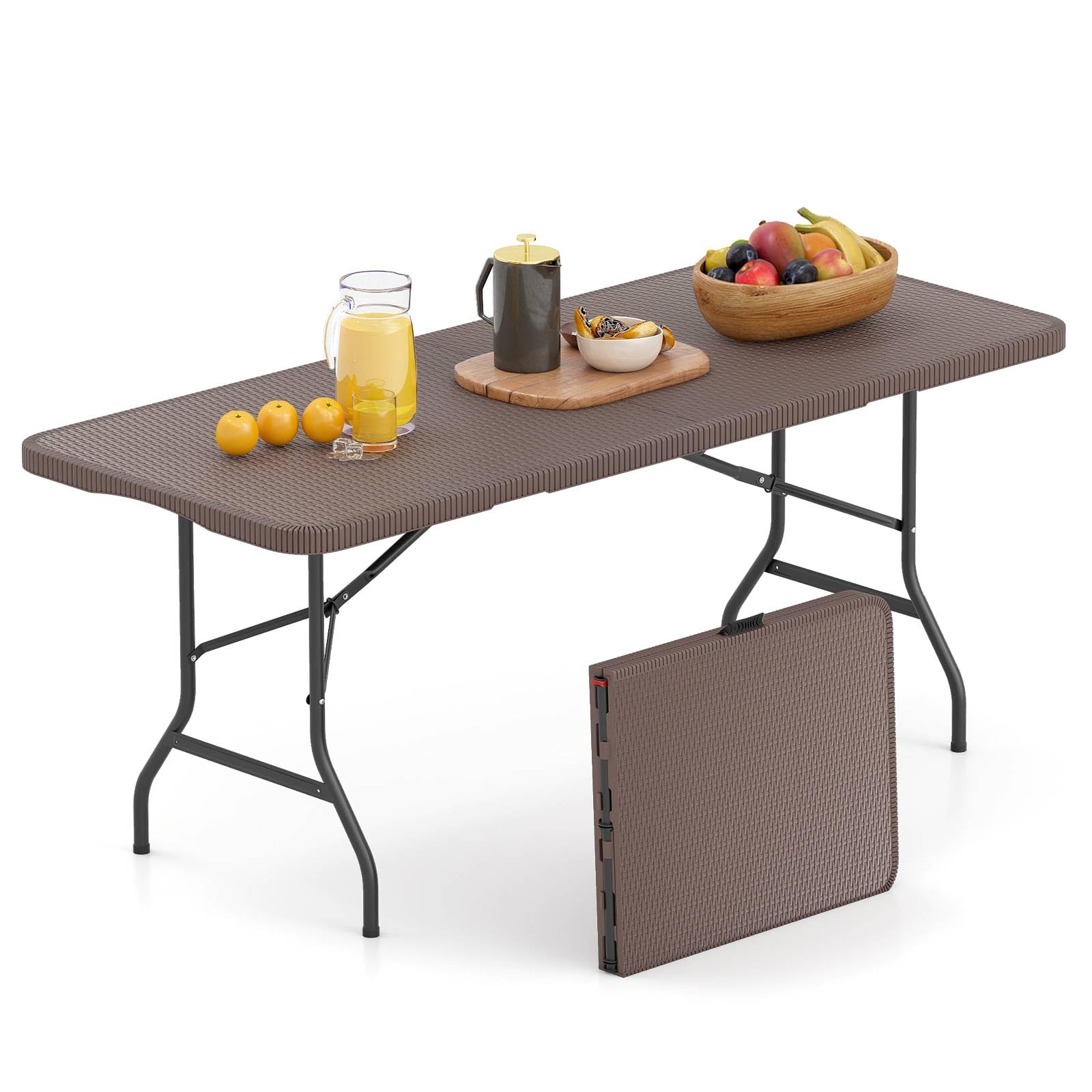 GIANTEX Tavolo da pranzo pieghevole in plastica, effetto rattan e gambe in metallo, 180 x 74 x 75 cm, tavolo portatile per campeggio, picnic, barbecue, giardino