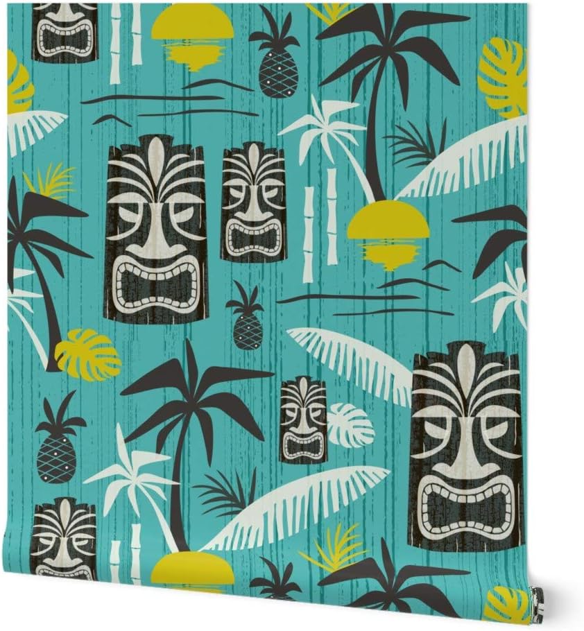 Peel & Stick Wallpaper 9ft x 2ft - Midcentury Modern Tiki Kitsch Aqua Vintage Retro Style Beach Tropical Custom Removable Wallpaper by Spoonflower