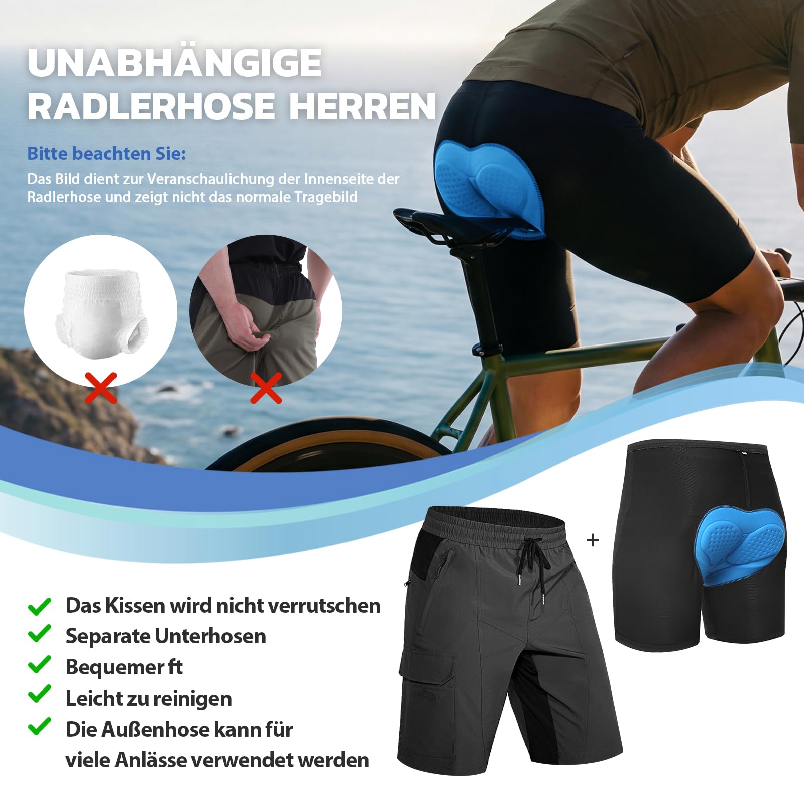 Hiauspor Herren MTB Hose Kurz Gepolstert Mountainbike Hose mit Polster Fahrradhose Herren Atmungsaktiv Radhose Outdoor Schnelltrocknend Radlerhose