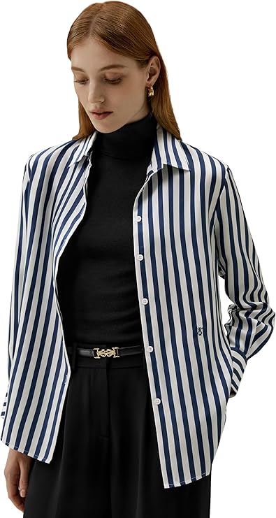 LilySilk Womens 100% Silk Shirt Ladies Blue White Pinstripes Blouse with V Neck and Long Sleeve Work Casual All Season