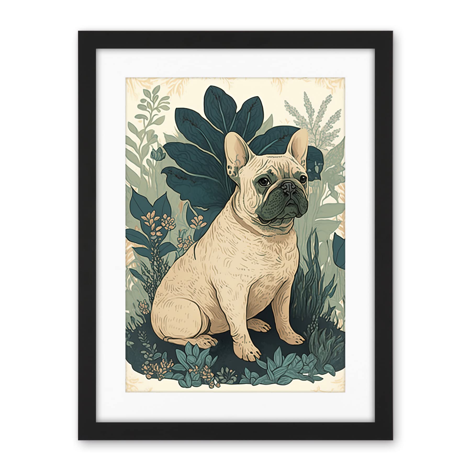 Artery8 French Bulldog and Tropical Plants Modern Pastel Colour Boho Illustration Artwork Framed Wall Art Print 18X24 Inch