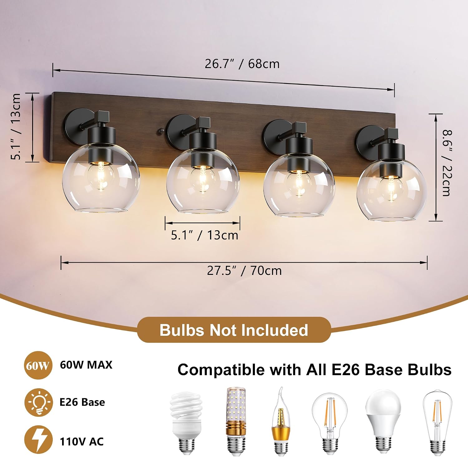 Farmhouse Bathroom Vanity Light Fixtures, Bathroom Light Fixtures Over Mirror,4-Light Rustic Black Wood Wall Sconces, Vintage Vanity Light for Bathroom with Clear Glass Shade (Black, 4-Light)