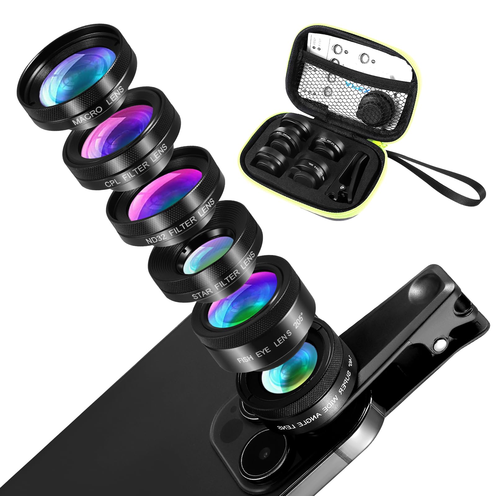 Objectif Telephone Portable pour Smartphone Universels, 6 en 1 Lentille Smartphone, 140x Téléphoto, Objectif Macro 25 x, 205° Fisheye, pour la Plupart des Smartphones