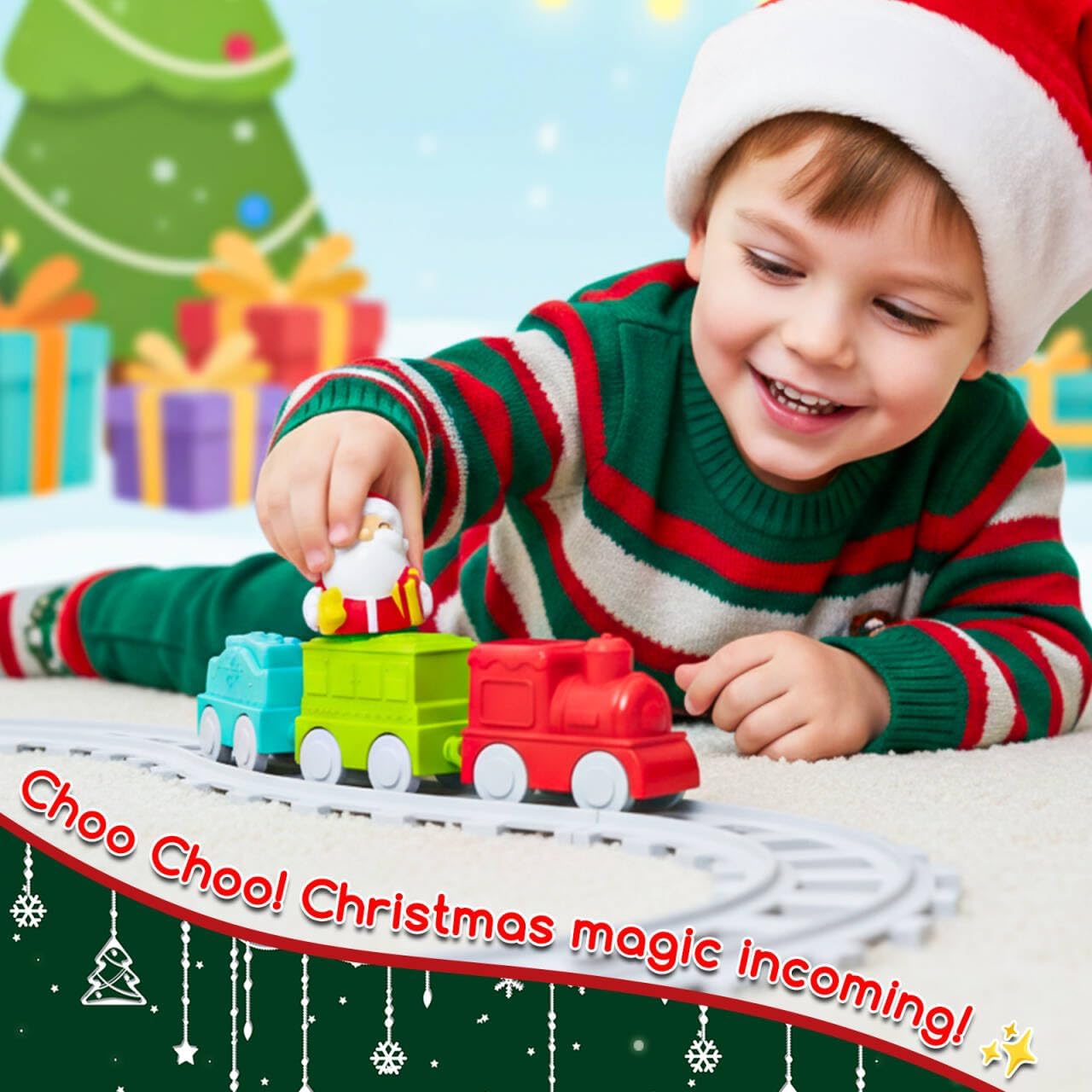 My First Christmas Tree for Toddlers, Montessori Christmas Decoration Toy with Ornaments, Mini Train Set, Roly Poly Toys, Finger Puppets, Birthday Xmas Gifts for Little Kids Boys and Girls