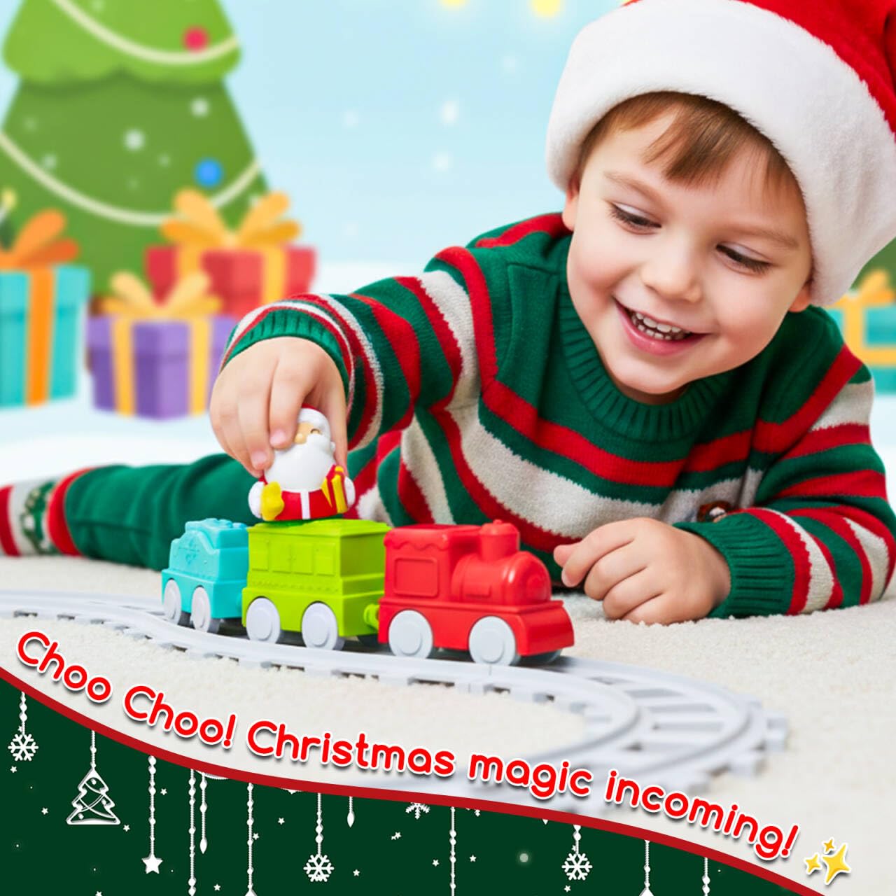 Mio Primo Albero di Natale per Bambini, Giocattolo Montessoriano Musicale con Luci e Decorazioni, Set di Trenini in Miniatura, Giocattoli a Rulli, Burattini da Dito, Regali Natale per Bambini Bambina