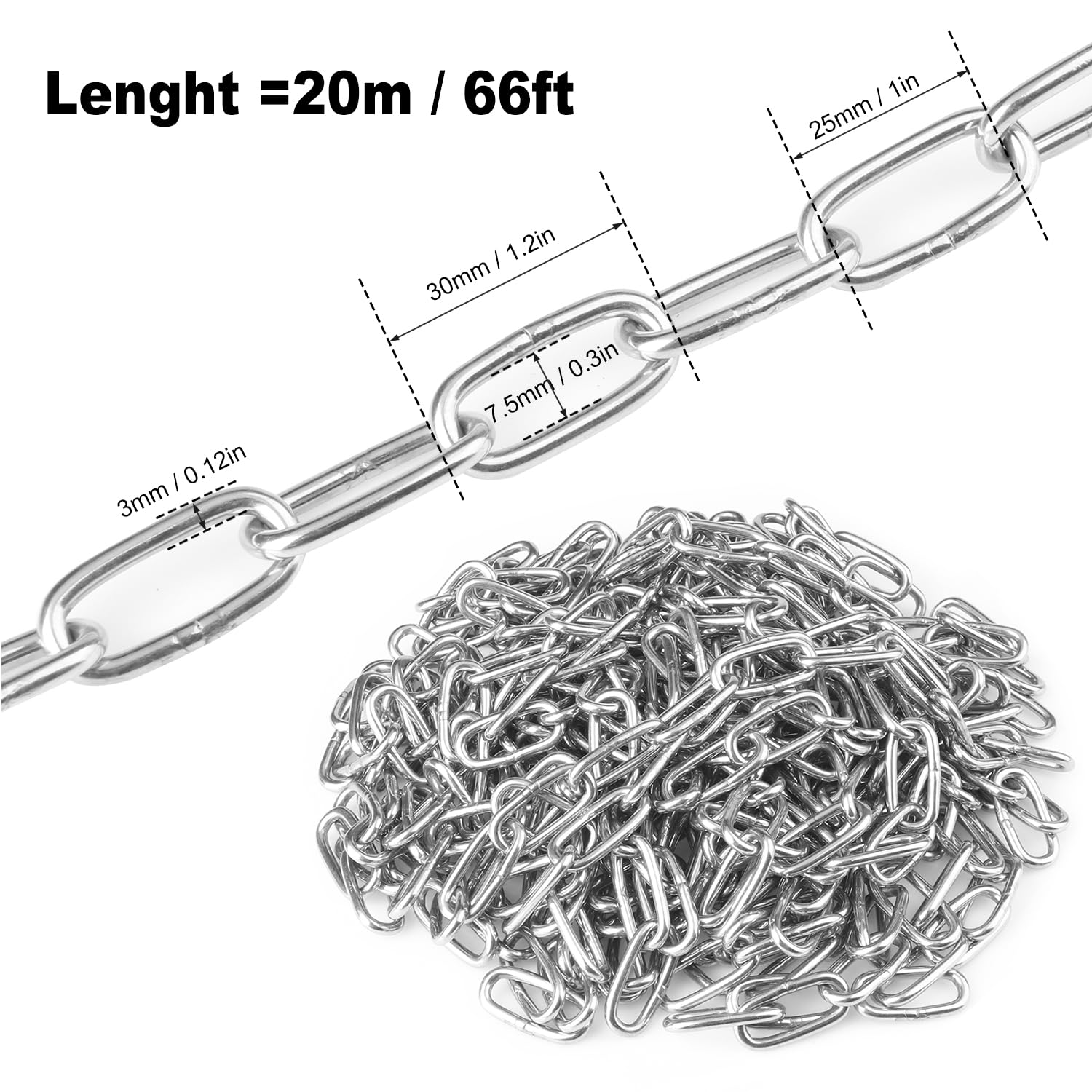 66Ft Stainless Steel Chain, 1/8 inch Heavy Duty Chain, Hanging Chain for Hanging Clothing?Decorations?Chair, securing Gates and Fences, anchoring Camping Equipment and More.by Genhakon