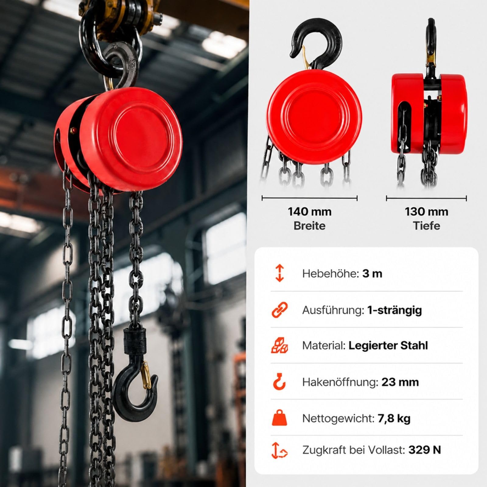 Handkettenzug 1 t rot für Garage Werkstatt Lager