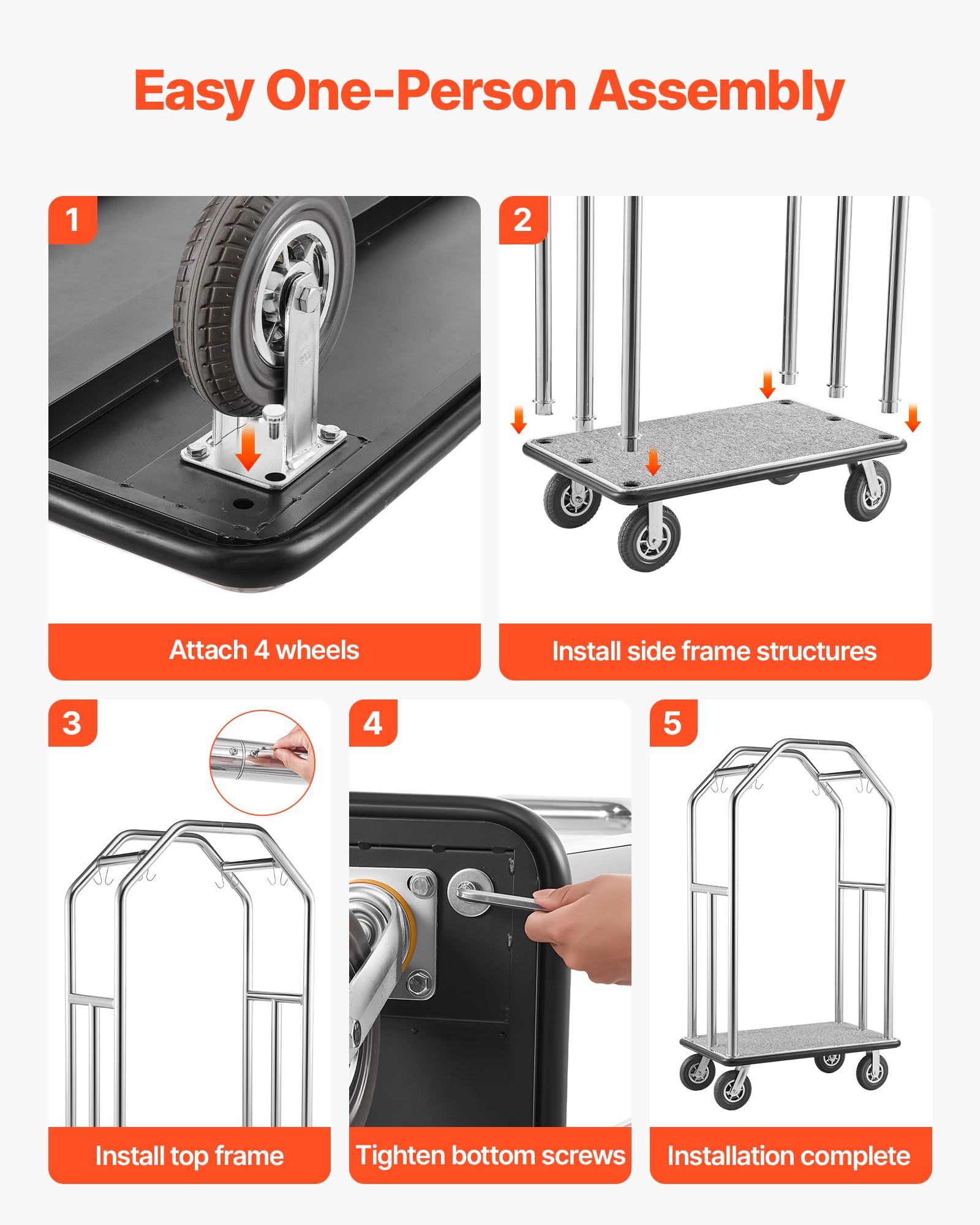 VEVOR Carrello Portabagagli per Hotel, Portata Max 680,39 kg, Carrello Bagagli Hotel con Telaio in Acciaio Inox, Ruote in Gomma da 203 mm, Pianale Rivestito in Moquette Grigia, per Alberghi e Resort