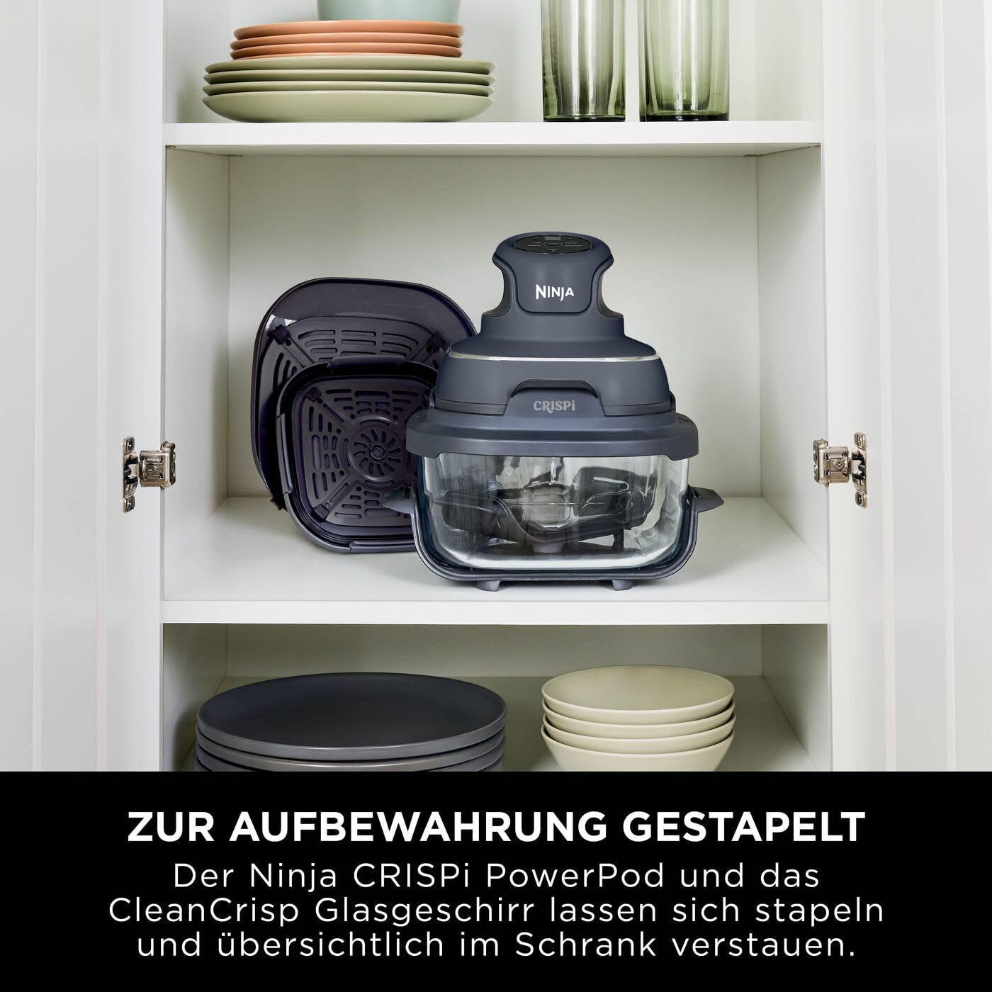 Ninja CRISPi TempWare 2er-Schüssel-Set: Glasbehälter (1,4 l) mit Schnappverschlussdeckeln, wärmebeständiger Heißluftfritteusen-Glasbehälter, BPA-freier Deckel für Transport XSKLIDPLT2EUUK