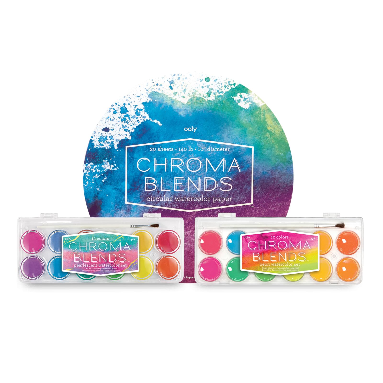 Ooly Chroma Blends Pearlescent Watercolor Set, 12 Colors & Chroma Blends Neon Watercolor Paint Set, Watercolor Pack & Circular Acid-Free Watercolor Paper Pad - 20 Sheets
