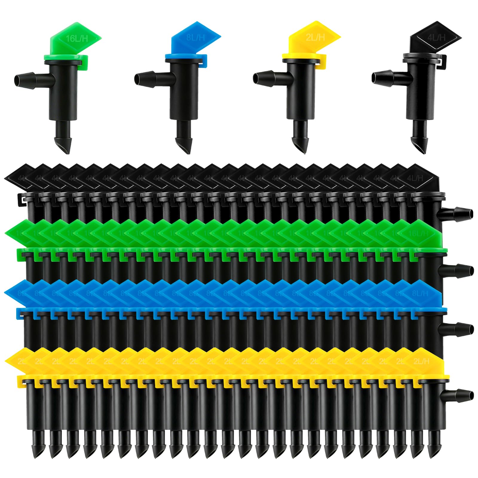Kalolary 100PCS Drip Irrigation Emitters, 4 Colors Garden Flag Irrigation Drippers in 4 Sizes, 2L,4L,8L,16L Per Hour Inline Water Drippers For 4mm/7mm Hose Garden Trees Shrubs Lawn Watering System