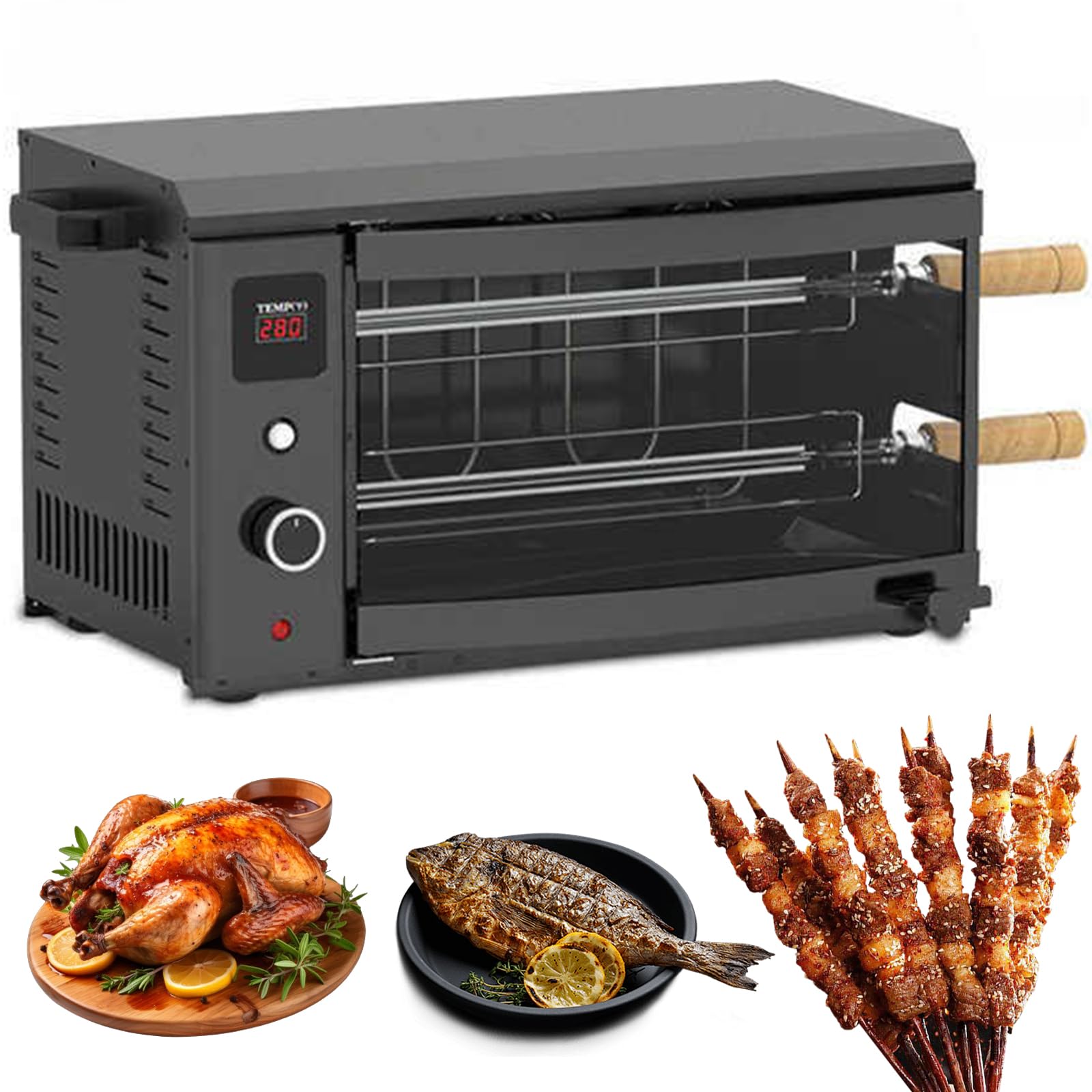 220V Elektryczny grill rożenowy z automatycznie obracającym się szpikulcem i płytą grillową, bezdymny grill do kurczaka i ryb, regulowana temperatura i timer (forked)
