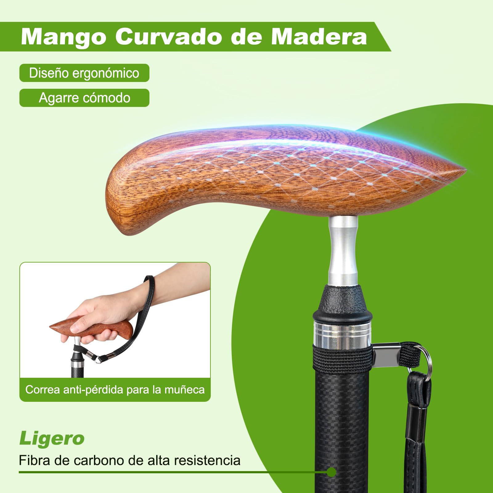 Bastón de Carbono Ligero con Bolsa de Transporte, Punta de Goma Antideslizante y Absorbente de Impactos (2 Puntas de Repuesto Incluidas), Plegable y Ajustable en Altura