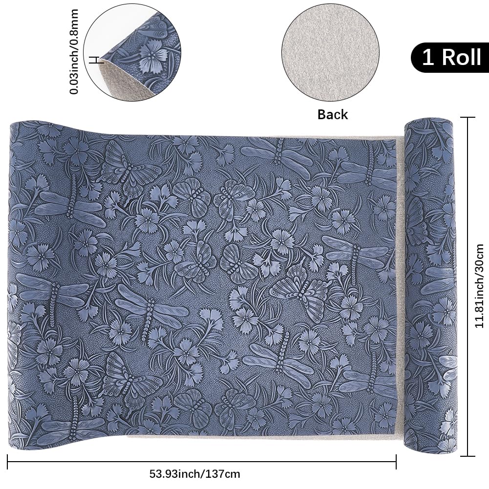 CALFOVERA 1.37×0.3M Blue Embossed PU Leather Sheets Textured Vintage Floral Pattern PU Leather Fabric Synthetic Material Leatherette Roll for DIY Earrings Upholstery Sewing Crafts Making - Image 2