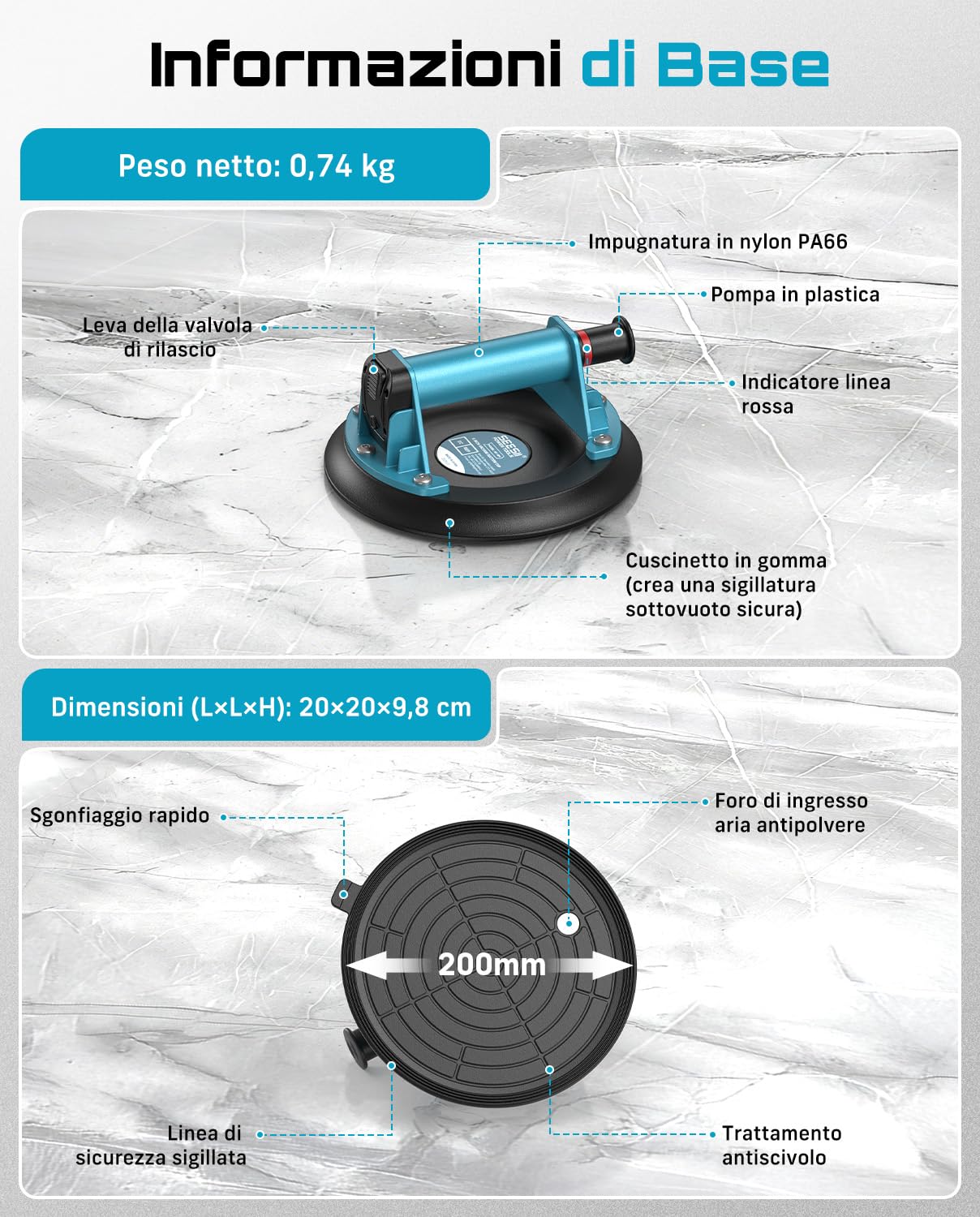SEESII Ventose per Vetro Professionali, 2 Pezzi 8" Ventosa per Piastrelle, Carico a 200KG,Ventose per Sollevamento di Grandi Piastrelle, Granito, Metallo, Finestre