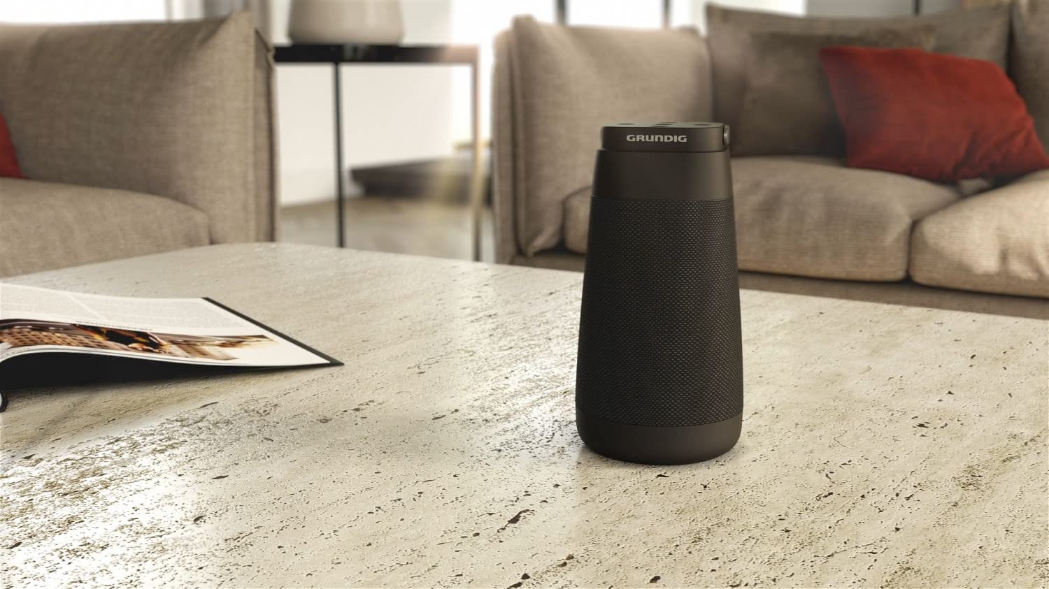 GRUNDIG BT Speaker Connect 360 Enceinte Bluetooth, boîte à Musique, Son à 360°, portée jusqu'à 30 m, autonomie jusqu'à 20 Heures, indicateur de Batterie LED, Station de Charge, Microphone, Noir