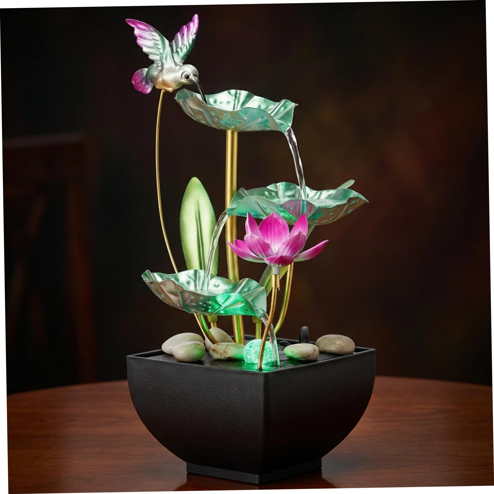 Nukinp Tabletop Water Fountain with Lights, 3-Tiers Leaf Desk Waterfall with Rocks, Indoor Water Fountains for Home, Office, Bedroom Style 2