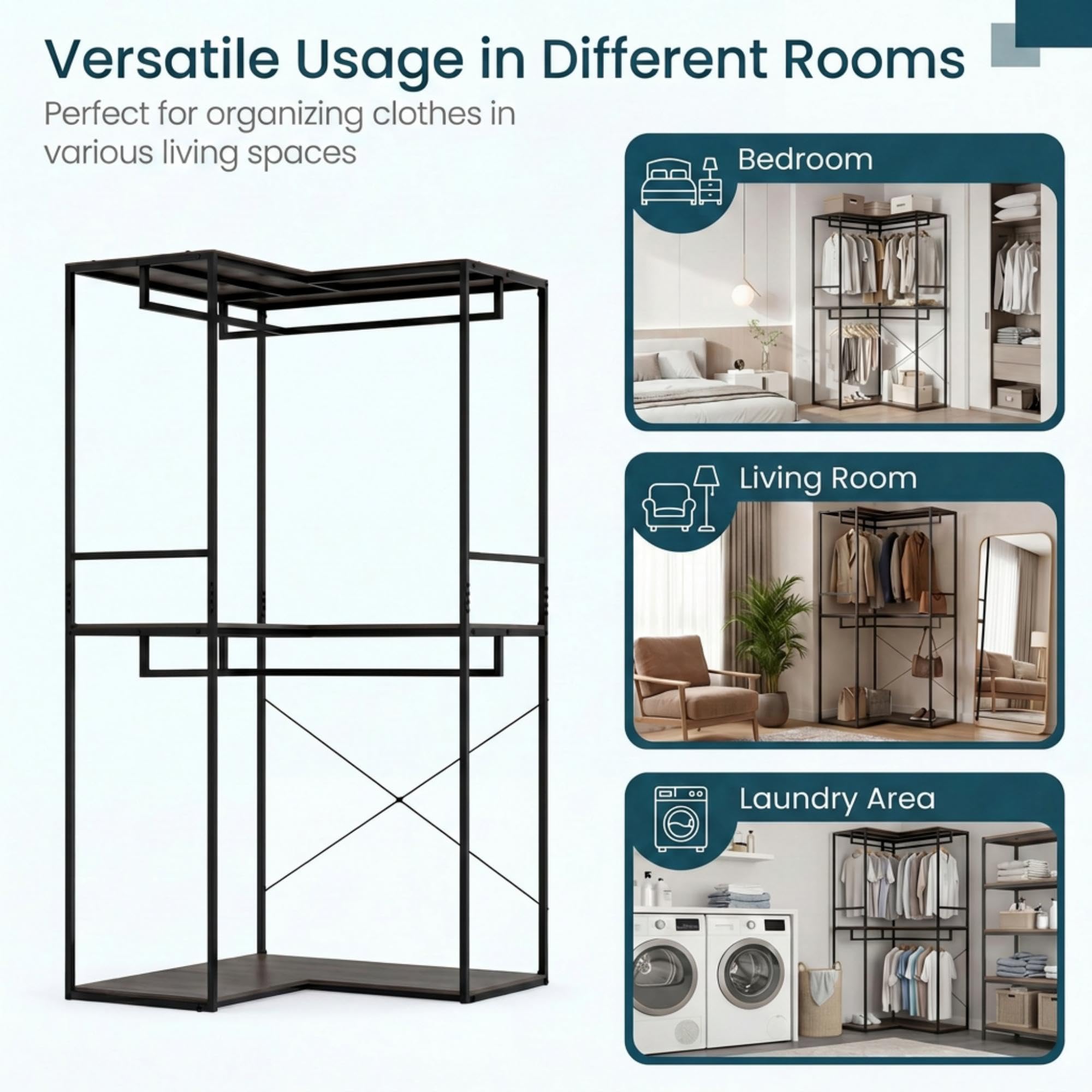 HOMASIS Stand Appendiabiti Angolare, Attaccapanni da Terra con 3 Ripiani Aperti, 4 Barre Portabiti, Guardaroba Industriale con Struttura in Metallo per Ingresso e Camera da Letto, 100 x 100 x 200 cm