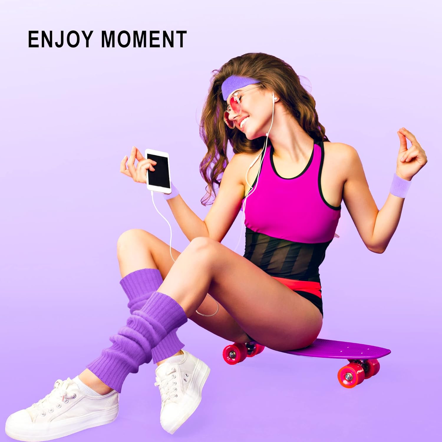 レディース 80年代ネオンレッグウォーマーセット フィットネスヘッドバンド ヨガスポーツバレエ用, ライトパープル+イエロー, On