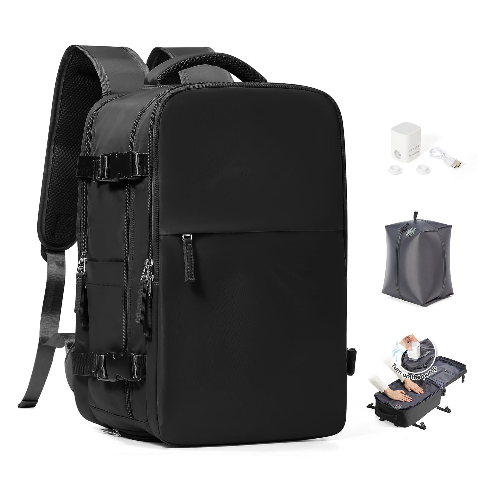 SEAFEW Zaino Sottovuoto Viaggio con Pompa Bagaglio a Mano Ryanair 40x30x20 | Borsa da Cabina per Ryanair 40x30x20 Zaino da Viaggio con sottovuoto Lavoro e Scuola Trekking Casual per laptop 14",I01-Nero