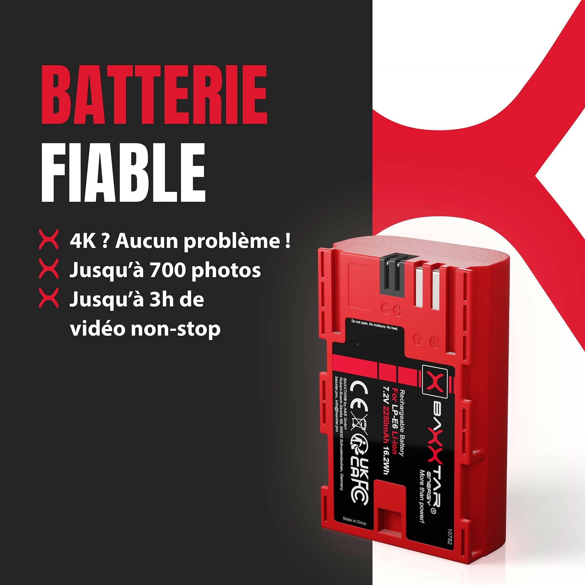Baxxtar 2X Batterie pour Canon LP-E6 LPE6 EOS 5D Mark I-IV, 2250mAh 7.2V
