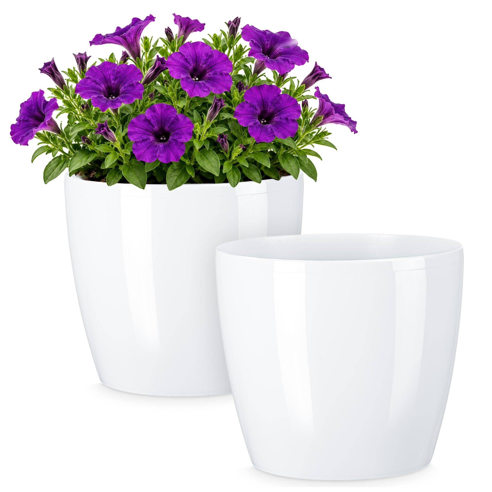 Set di 2 vasi decorativi per fiori ed erbe aromatiche, resistenti e leggeri, rotondi, in plastica, per soggiorno e sala da pranzo, cucina, terrazza, balcone, (bianco, diametro 36 cm)