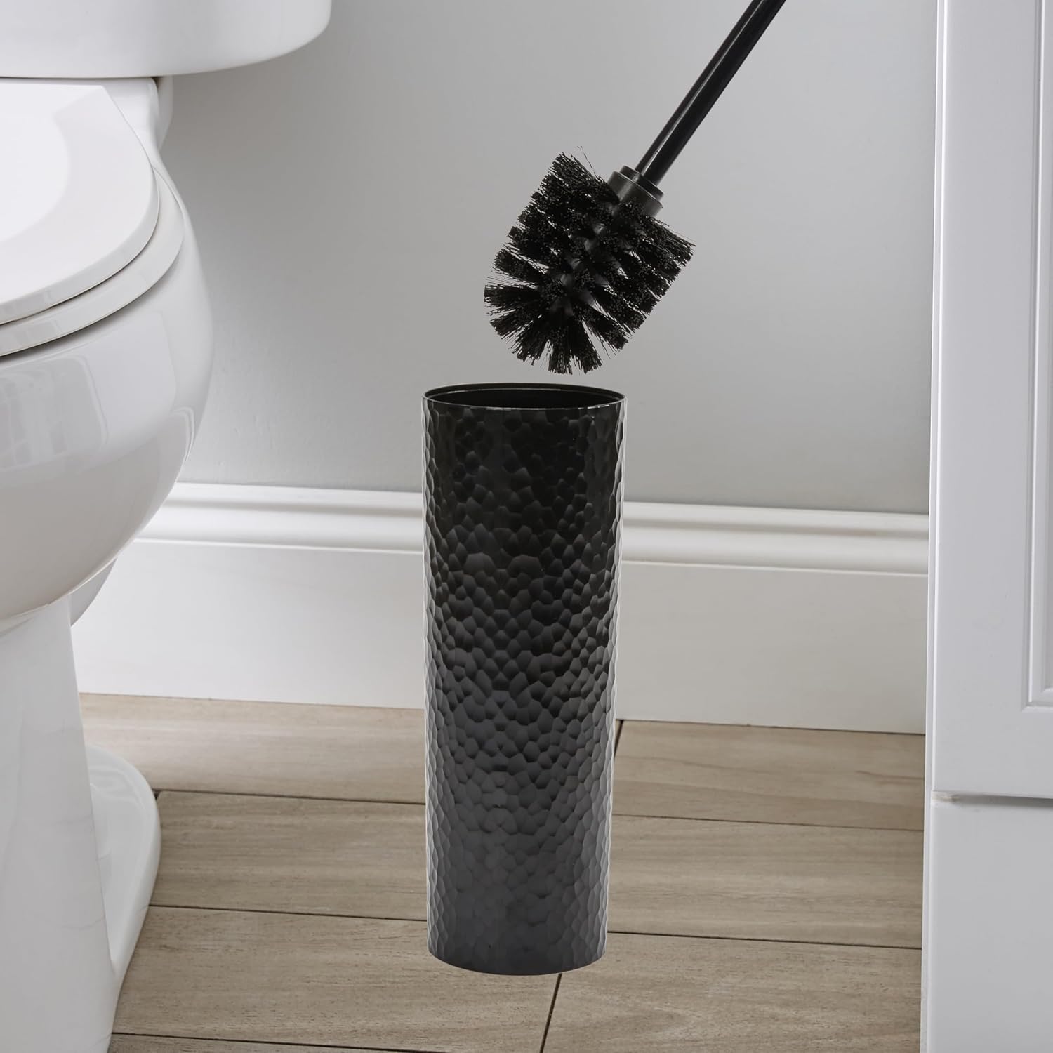 Bath Bliss Toilet Brush | Hammered Textured Design | 360 Degree Bristle Brush | Bathroom Cleaning | Contemporary Design | Black