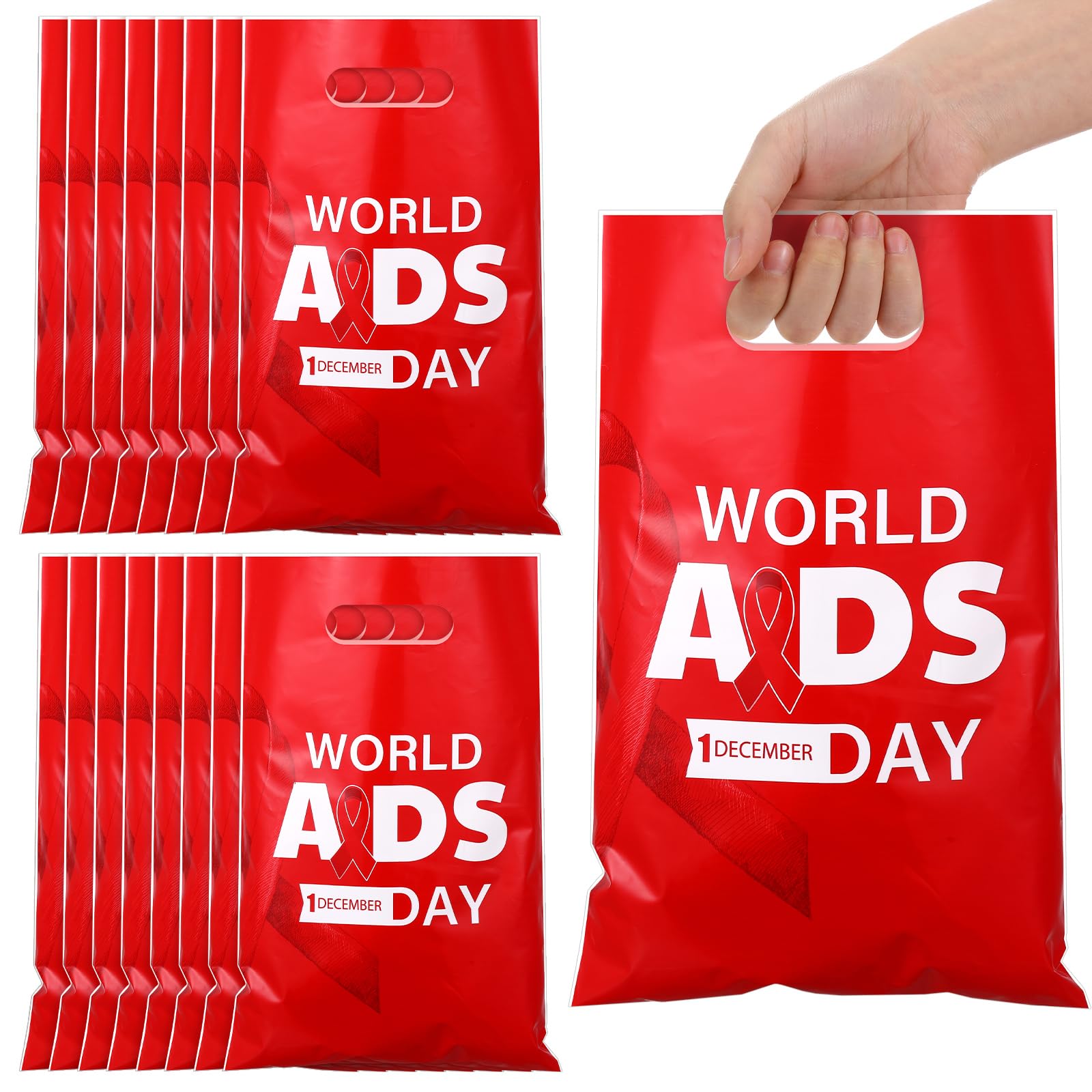 Panelee 100 Pcs AIDS Awareness Red Ribbon Plastic Goody Bags with Handles