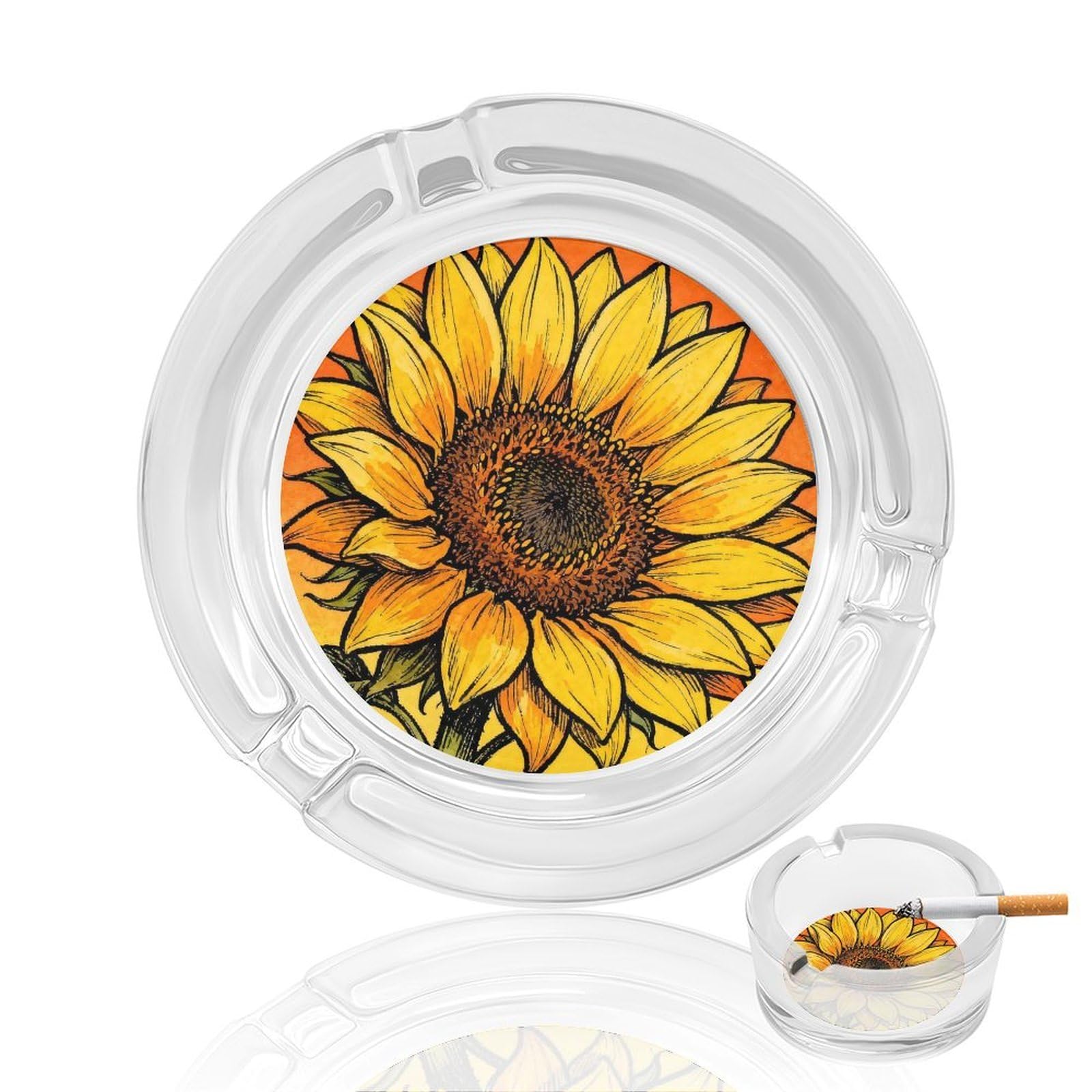 Glass Ashtrays Round Lovely Sunflowers Ash Tray for Smokers Cigarette Ash Holder for Office Indoor Outdoor