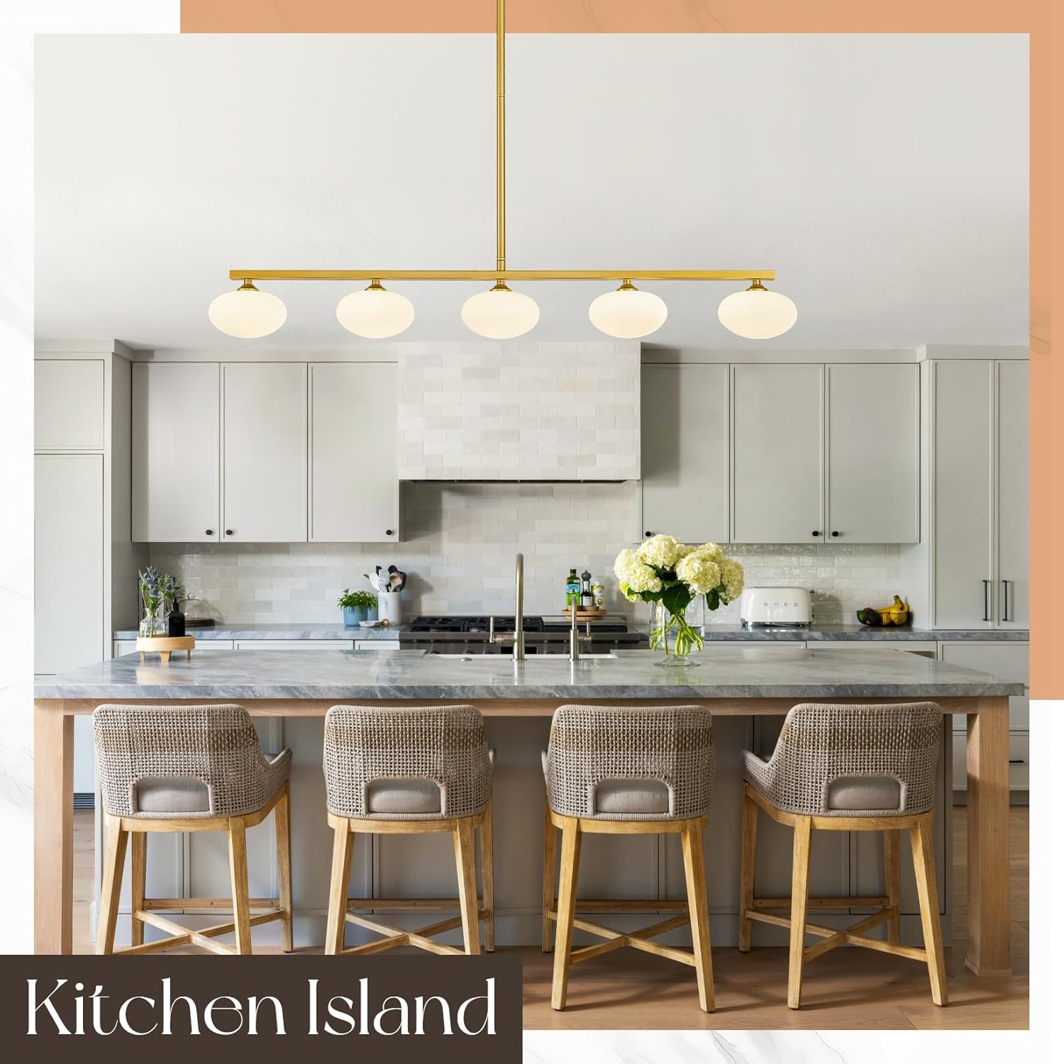 Gold Linear Chandelier, 5-Lights Kitchen Island Light, Dining Room Light Fixture Over Table, Mid Century Globe Chandelier