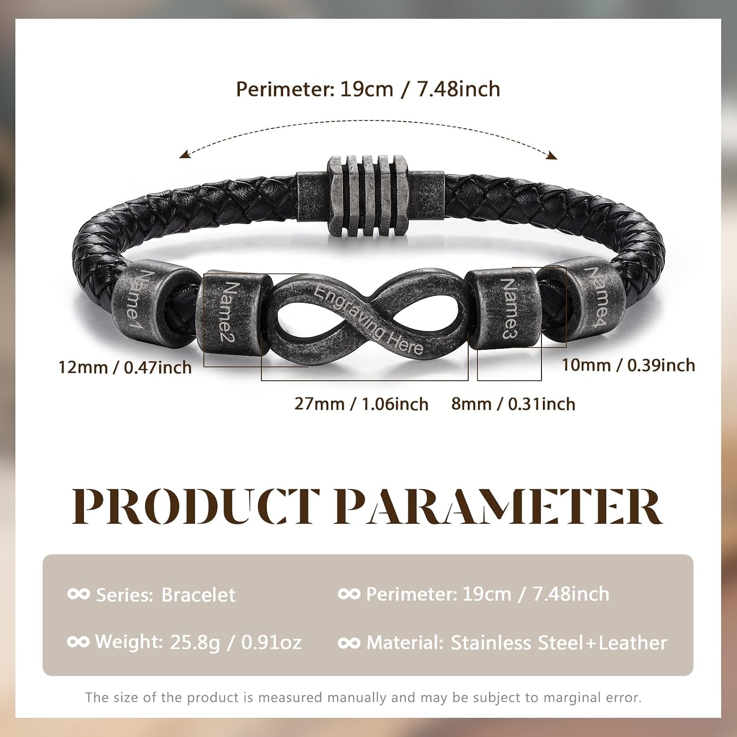 Fortheday Personalized Fathers Gifts Infinity Dad Bracelet for Men with Names Black Leather Engraved Men's Bracelet Gifts for Dad Grandpa