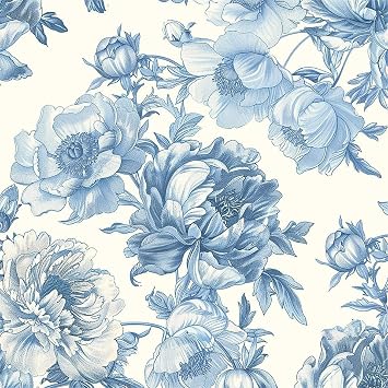 MuralPeel Cream Yellow Blue Vintage Peony Floral Peel and Stick Wallpaper Self Adhesive Removable Easy Peel Off Stick on Wall Paper for Bedroom Cabinet Renter