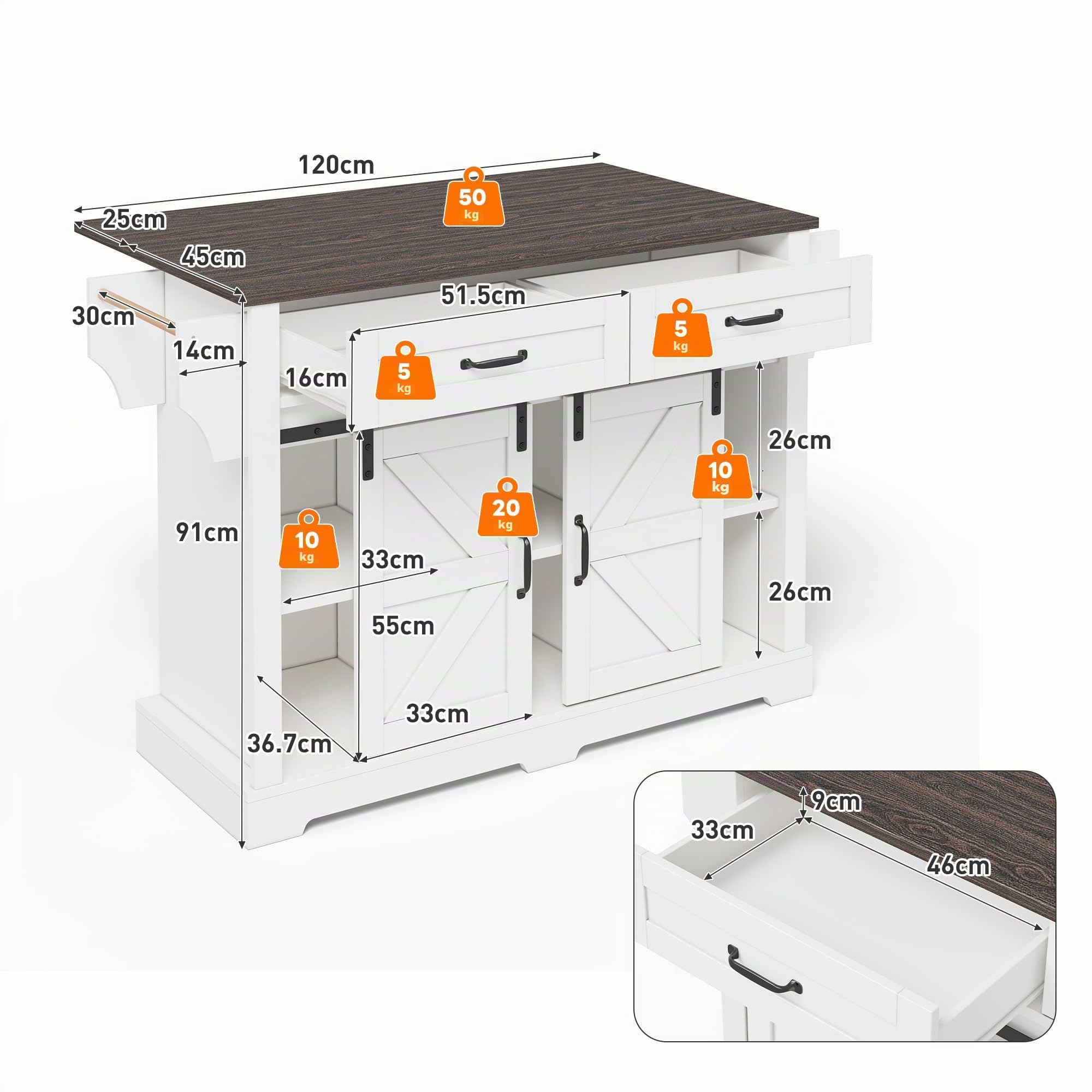 Isla de cocina con encimera plegable, carrito de cocina con ruedas, armario de cocina con 2 puertas correderas y 2 cajones, armario de almacenamiento de cocina, 120 × 45 (70)× 91 cm (blanco)