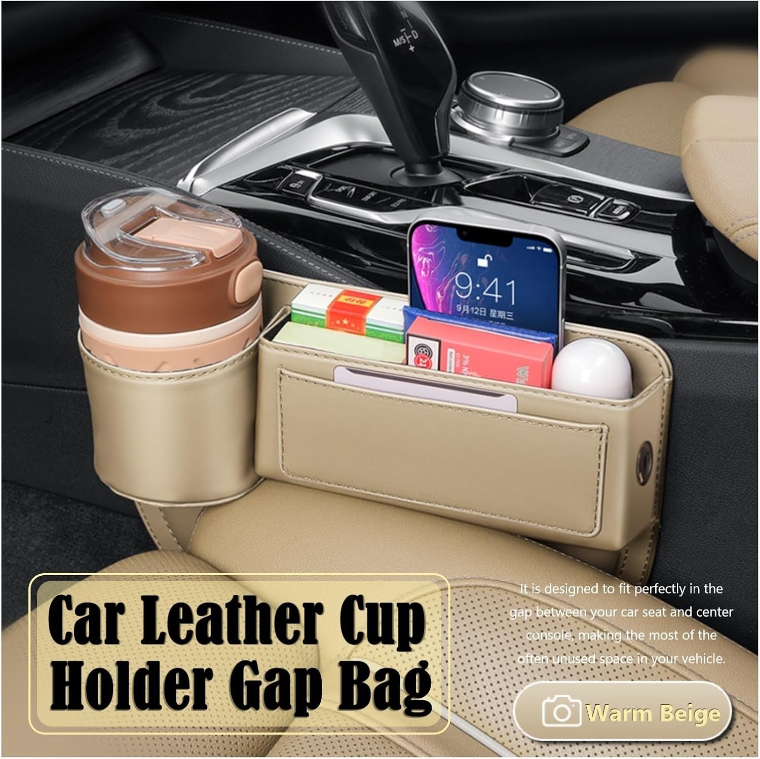 Car Leather Cup Holder Gap Bag, 2 Pack Adjustable Car Seat Pocket Gap Filler Organizer with Cup Holder for Phones, Glasses, Keys and Cards, Beige