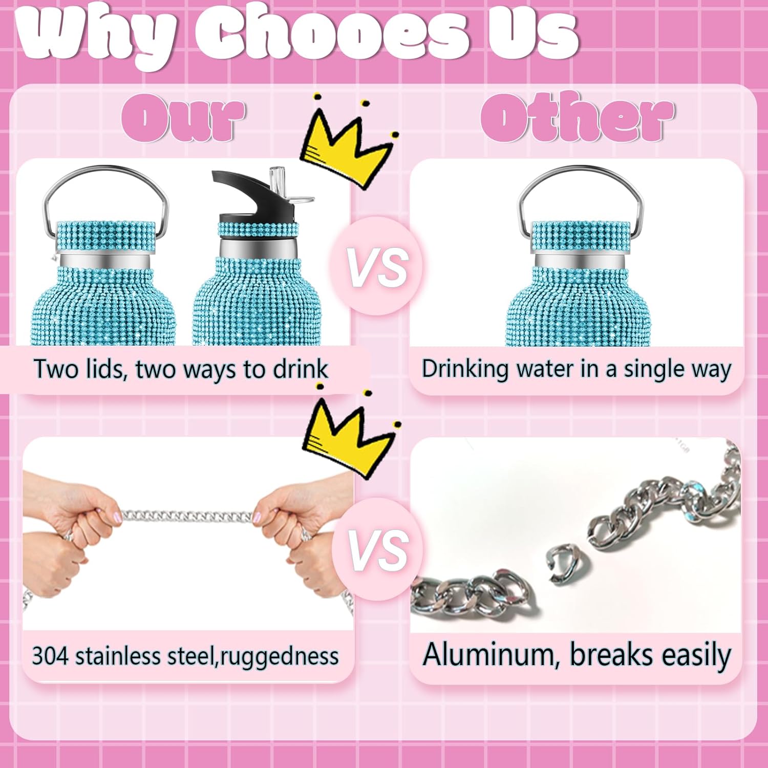 Bling Water Bottle Rhinestone,Diamond Water Bottle,Glitter Rhinestones Stainless Steel Thermal Bottle,Bling Cup for Women Girls,Bling Tumblers with 2 Style lids and 55in Chain (Blue) - Image 4