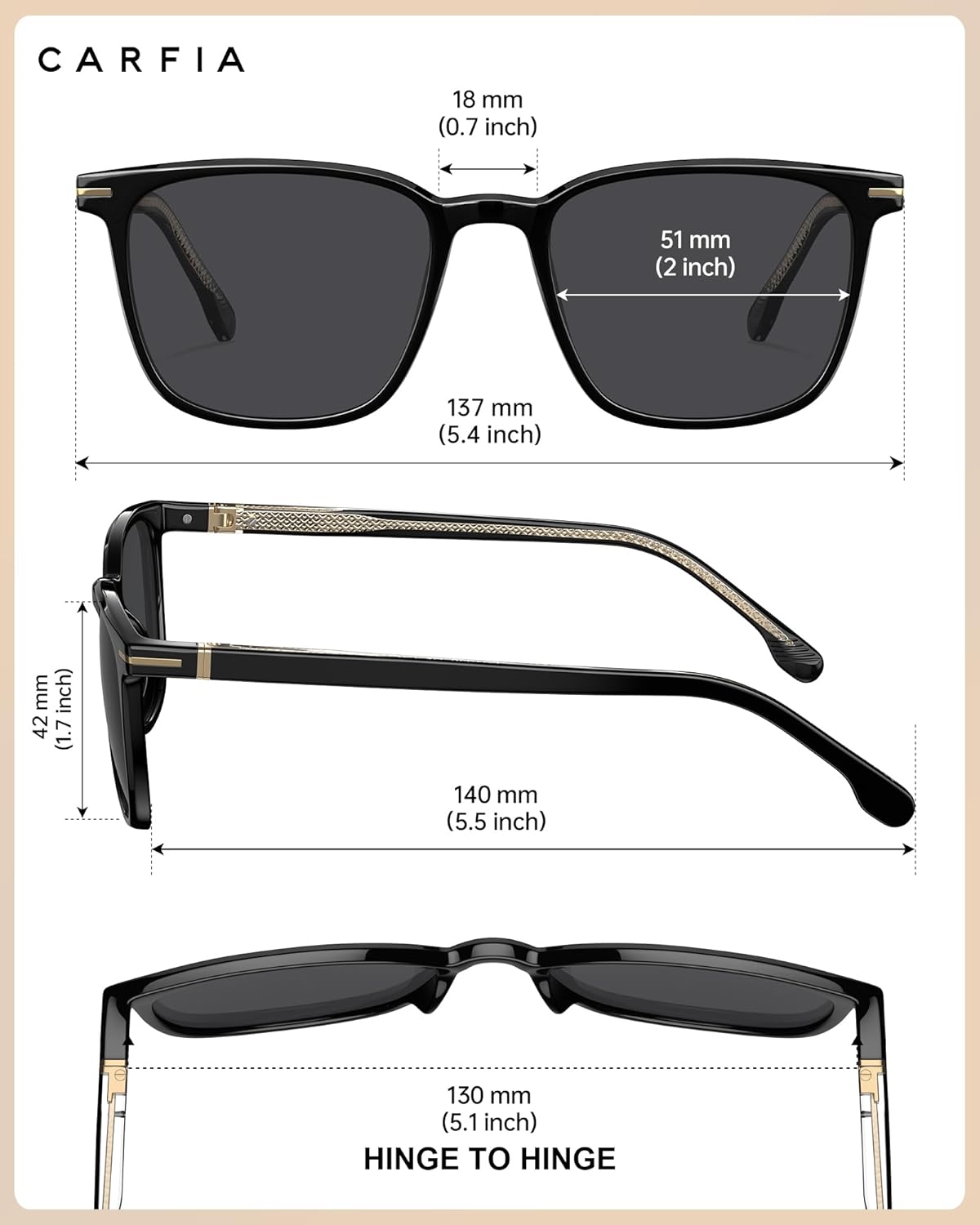 CARFIA Classic Polarized Sunglasses for Men UV400 Protection, Flexible Acetate Shades with Core Wire Design CA31238 - Image 5