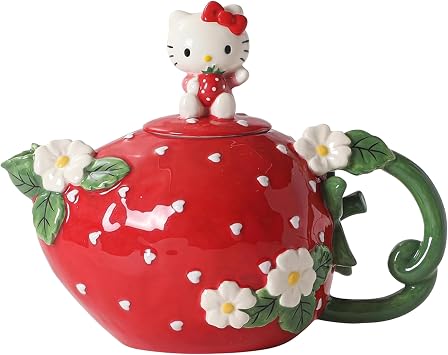 Blue Sky Clayworks Hello Kitty Sweet Strawberry Teapot, 9.75" L x 5.75" W x 7.5" H, Hand-Painted Ceramic Collectible
