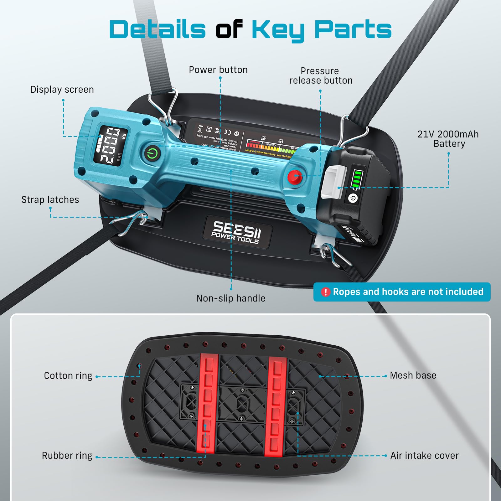 SEESII Saugheber Akku for Fliesen/Terrassenplatten, 21V Glassauger mit 2x 2000mAh Akkus, LED-Display, 200KG Tragfähiger, 11.8-Zoll Vakuum Saugheber, Vakuumheber Kompatibel mit Makita 18V-Batterie