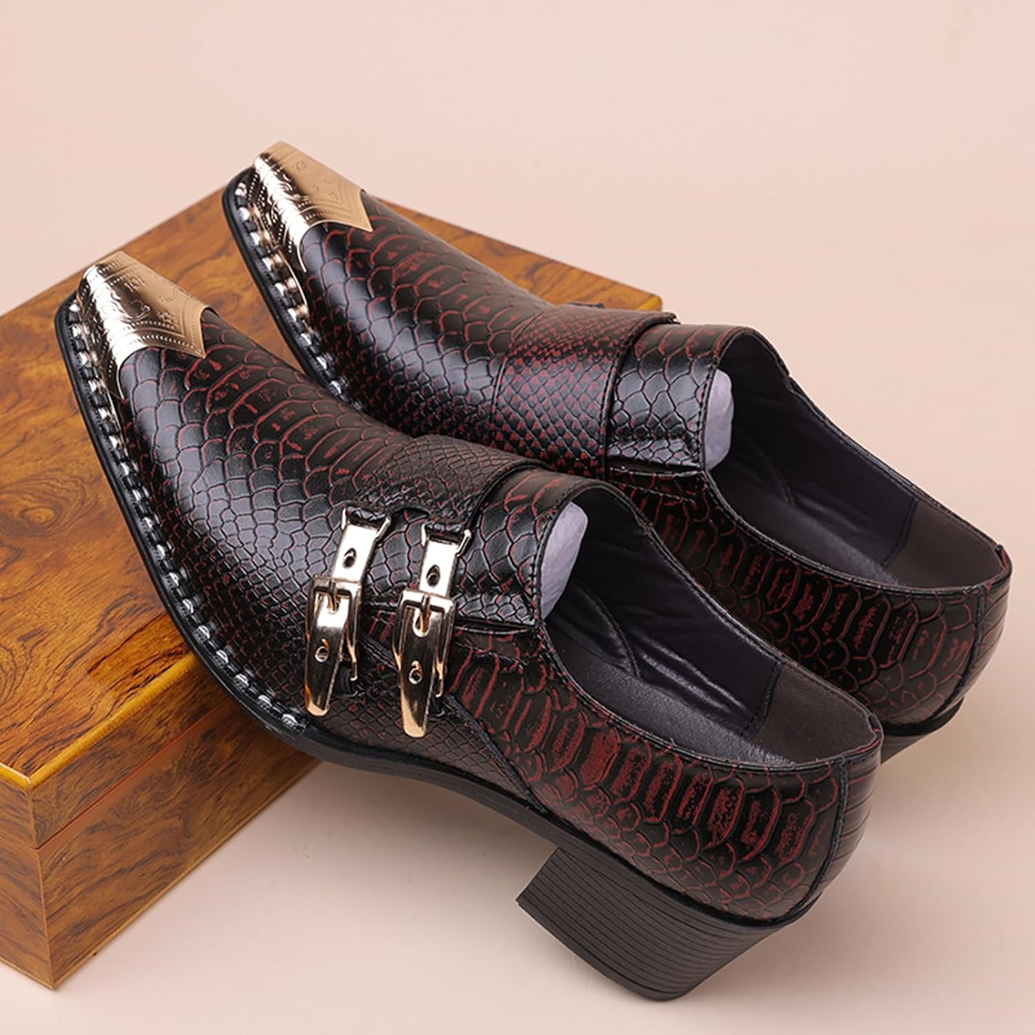 Men's Chunky Heel Print Oxfords Fashion Classic Leather Monk Strap Slip-on Dress Loafers Tuxedo Business Casual Office Wedding Formal Shoes
