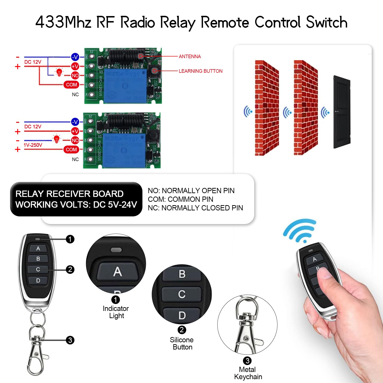 Interrupteur Sans Fil 12V, 4 Relais Radiocommandé avec 2 Télécommande, DC 5V/12V/24V 10A Commutateur a Distance Sans Fil, Longue Portée de 100m, pour Porte de Garage, Lampe, Moteur, Alarme Volée