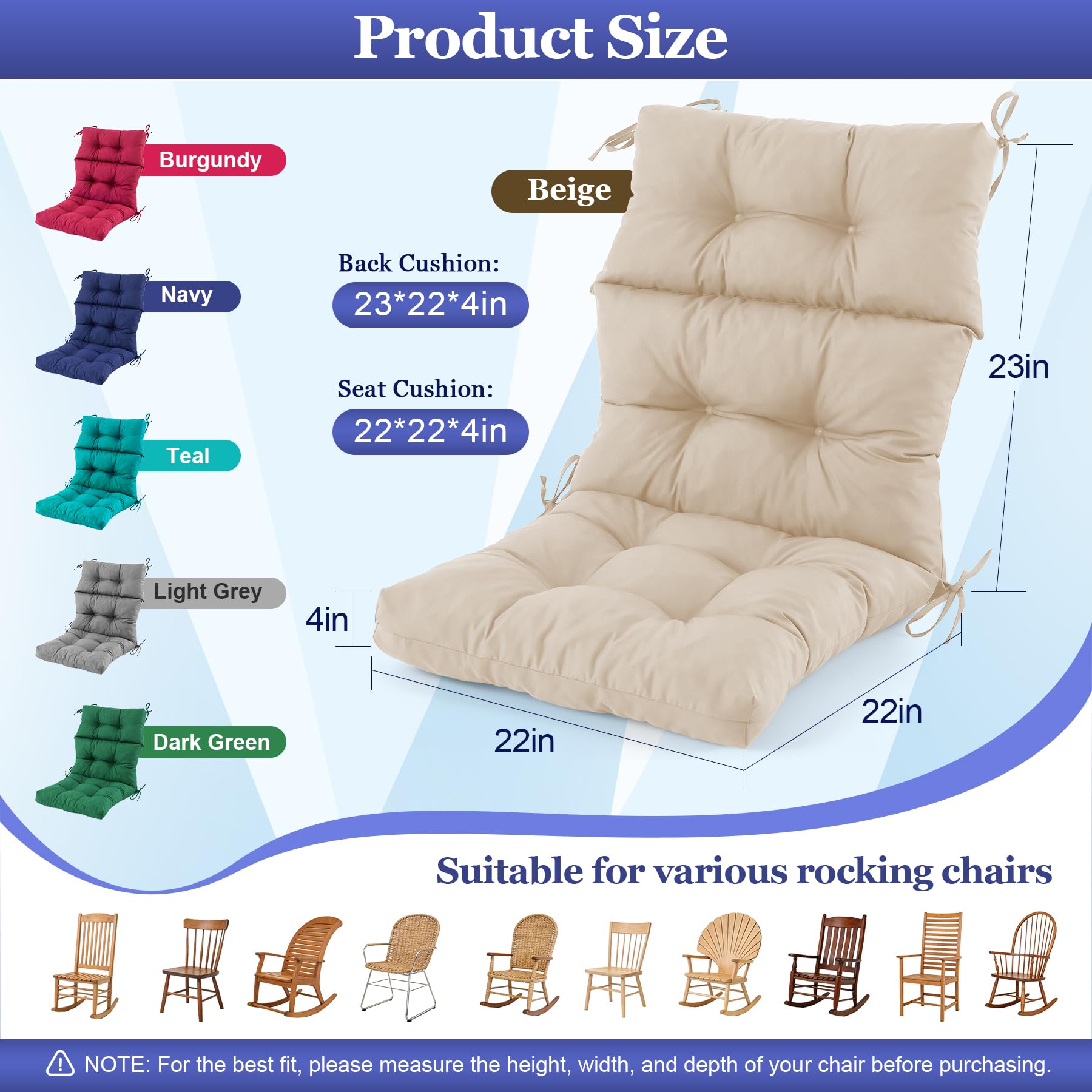 Condition photo showing New/Like New for rocking chair cushion, waterproof and fade-resistant adirondack rocker cushions, indoor/outdoor rocking chair pads, high back memory foam patio furniture cushions with ties, 44x23x4 inch, beige