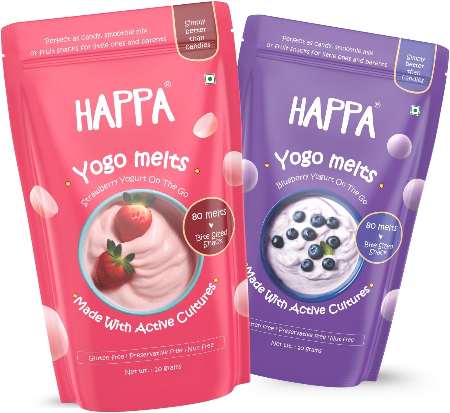 Happa Blueberry & Strawberry Greek Yogurt Melts | 100% Greek Yogurt Candy for Babies, Kids & Adults | No Added Sugar, No Colours, No Artificial Flavours | Melt-in-Mouth | 8M+ | 20g Pack of 2