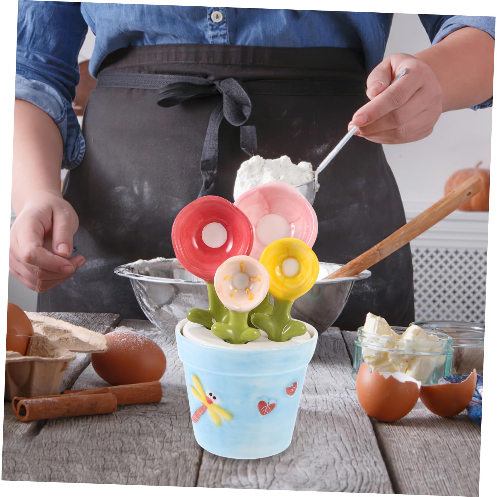 1juego Cuchara De Medición De Cerámica Diseño De Flor Utensilio De Cocina Para Ingredientes Incluye Base y Medidas Precisas Para Repostería y Cocción