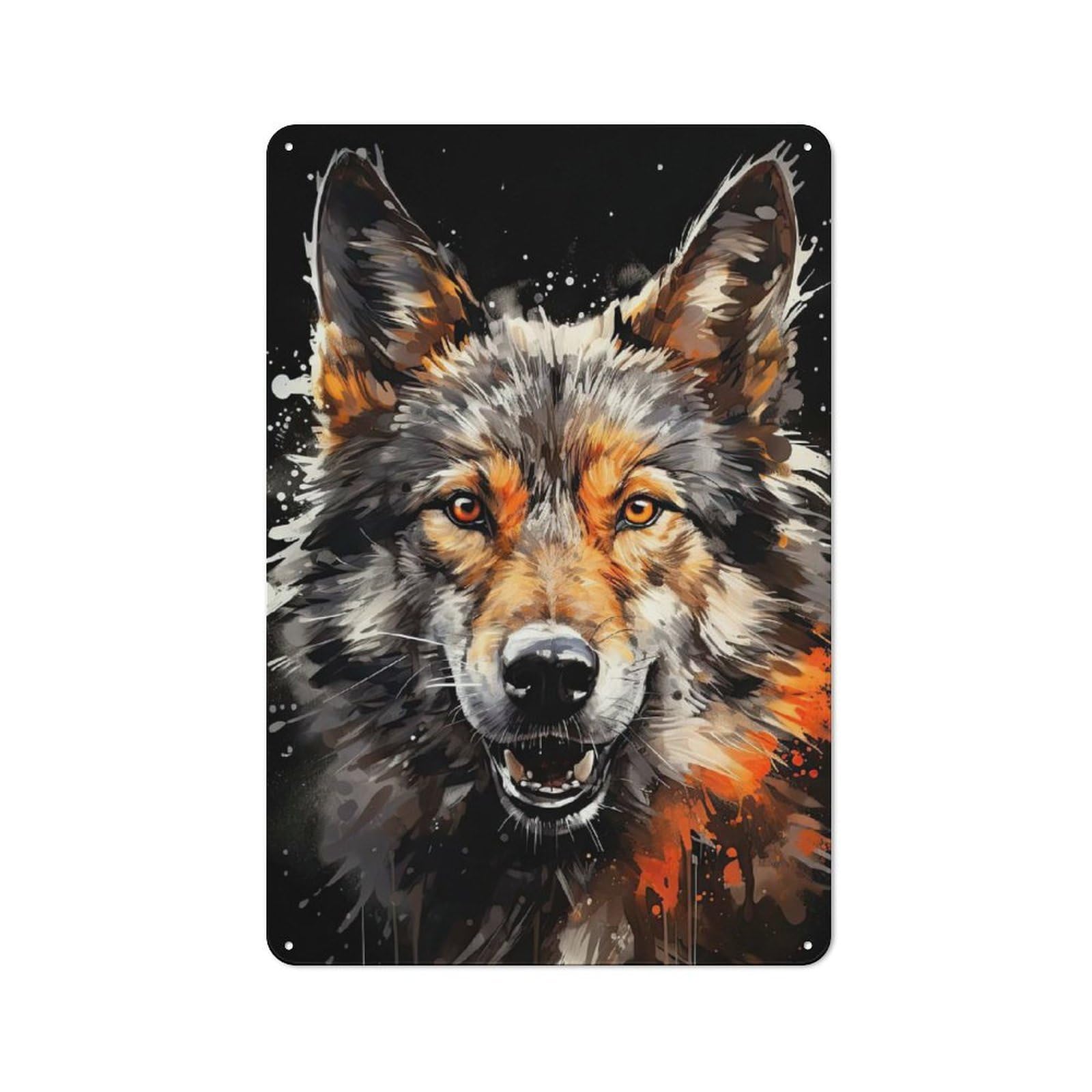 Junmoney Wolf Portrait With Splashes Tin Wall Plaque 30X20cm With For Hobby Room Or Studio, New Home Wall Decor For Creative Interior Collectors