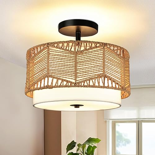Lámpara de techo semiempotrada de 3 luces de ratán tejido, lámparas de techo bohemias con pantalla de tela, luces de techo para dormitorio, comedor,
