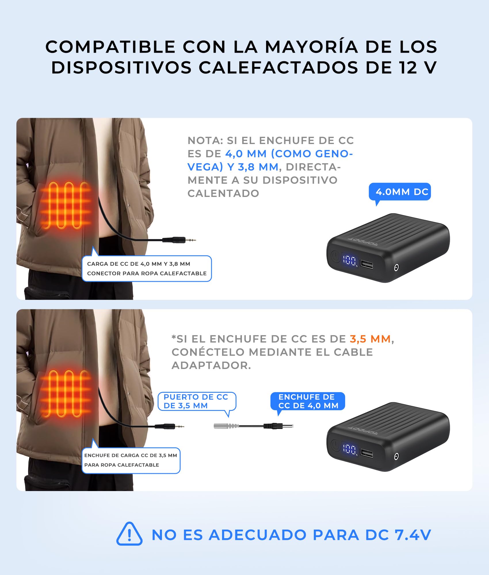 Topdot Batería Externa 18400 mAh para Chaquetas Calefactables 12 V/7,4 V