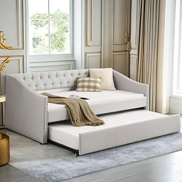 Twin Size Upholstered Daybed with Pull Out Twin Trundle, Multifunctional Tufted Sofa Bed Frame with Button Nailtrim Arms and Wood Slat Support, No Spring Box Needed Beige, Twin