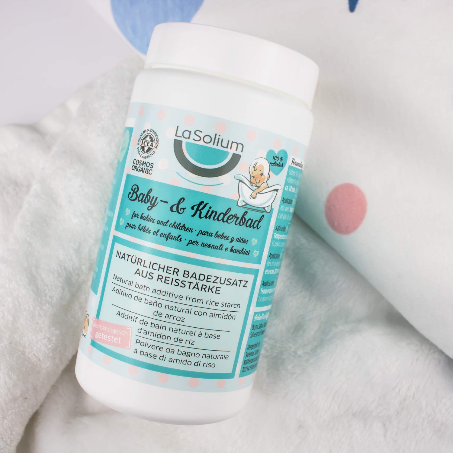 Bio Polvo de almidón de arroz – baño para bebés 100% natural – calma la piel sensible de niños y bebés - sin perfume y dermotológicamente testado